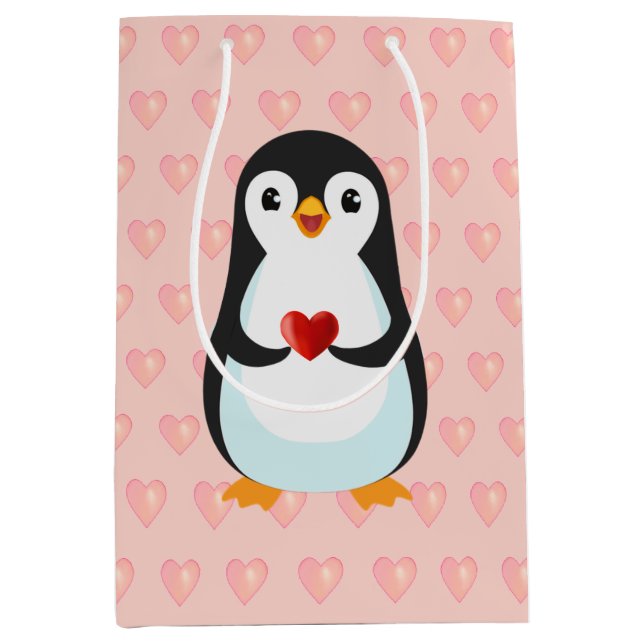 Sac Cadeau Moyen Pingouin mignon avec coeur sur rose clair (Devant)