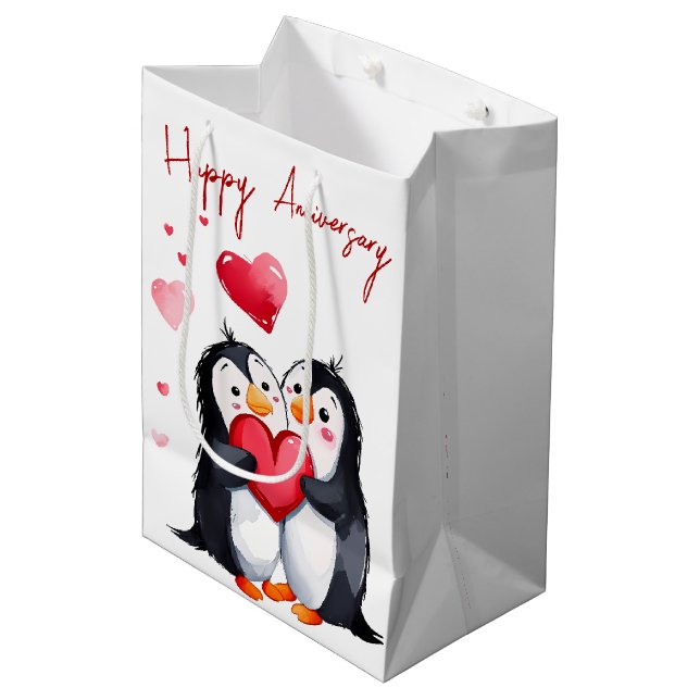 Sac Cadeau Moyen Pingouins Anniversaire Avec Coeur (Devant Angle)