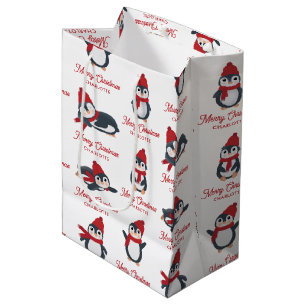 Sac Cadeau Moyen Pingouins d'hiver Joyeux Noël Nom personnalisé