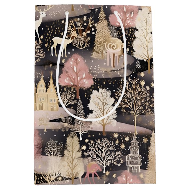 Sac Cadeau Moyen Pink and Black Elegant Snowy Deer Forest (Devant)