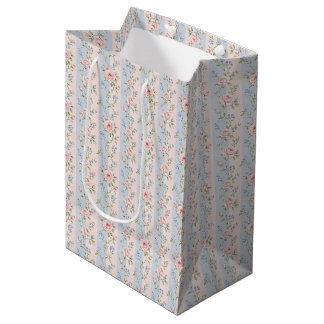 Sac Cadeau Moyen Pink Blue Striped Floral Roses Grandmillennial 