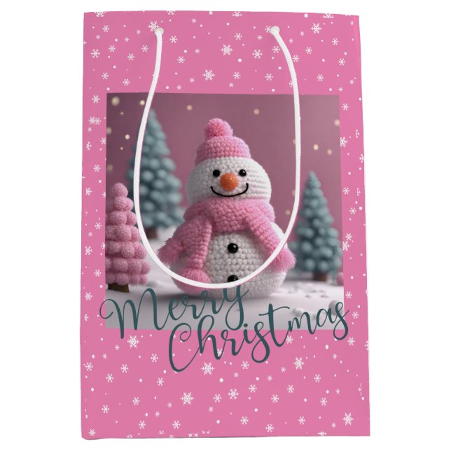 Sac Cadeau Moyen Pink Crochet Noël Snowman (Devant)