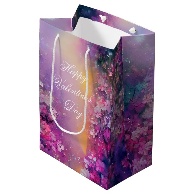 Sac Cadeau Moyen Pink et mauve broral valentine (Devant Angle)