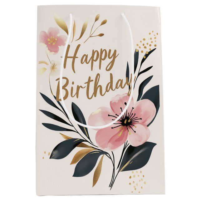 Sac Cadeau Moyen Pink Floral Meilleurs amis Photo Anniversaire (Devant)
