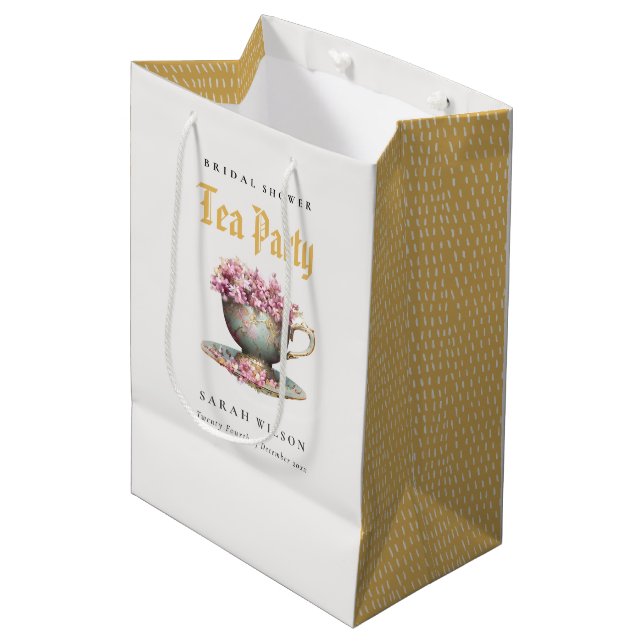 Sac Cadeau Moyen Pink Gold Floral Teacup Fête des mariées Tea Party (Devant Angle)