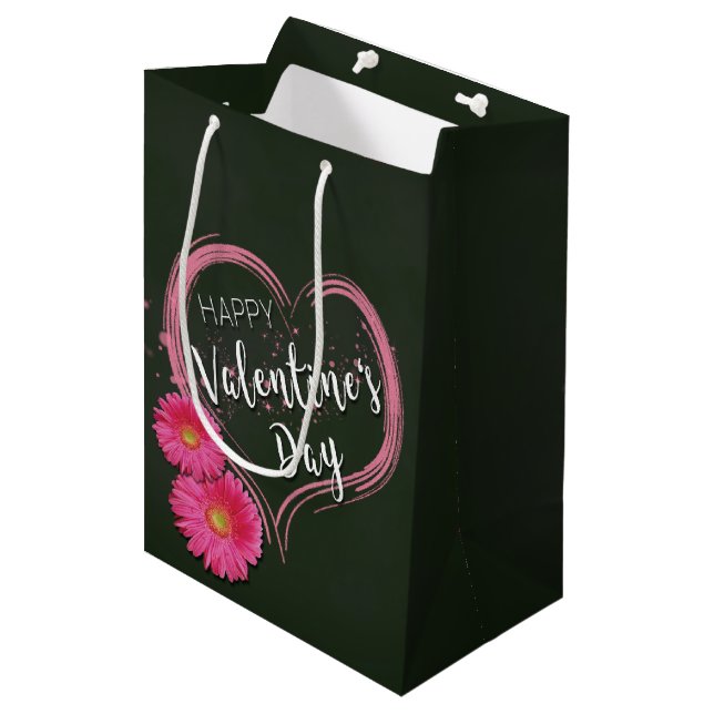 Sac Cadeau Moyen Pink Heart Flowers Valentine's Day Medium Cadeau (Devant Angle)