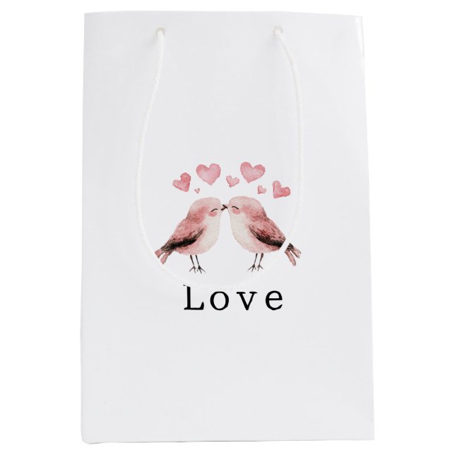Sac Cadeau Moyen Pink Hearts Love Birds Valentine's Day Wedding (Devant)