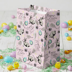 Sac Cadeau Moyen Pink Joyeux Nom de Pâques Bunny