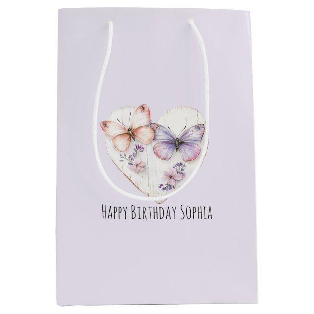 Sac Cadeau Moyen Pink Lavender Floral Heart Butterflies Birthday (Devant)