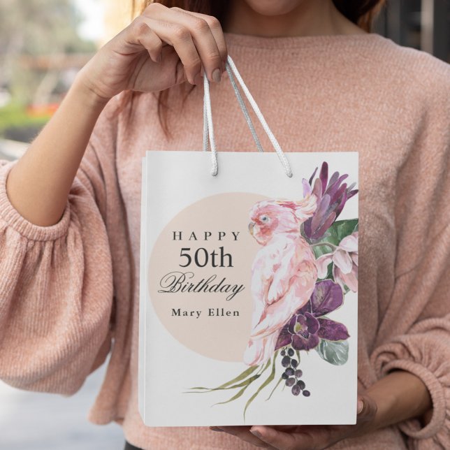 Sac Cadeau Moyen Pink Parrot Boho Tropical 50th Birthday Party (Create a cute custom gift bag to celebrate a milestone birthday. She'll love it!)