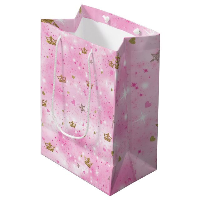 Sac Cadeau Moyen Pink Princess Hearts Stars & Crowns Fête d'anniver (Devant Angle)