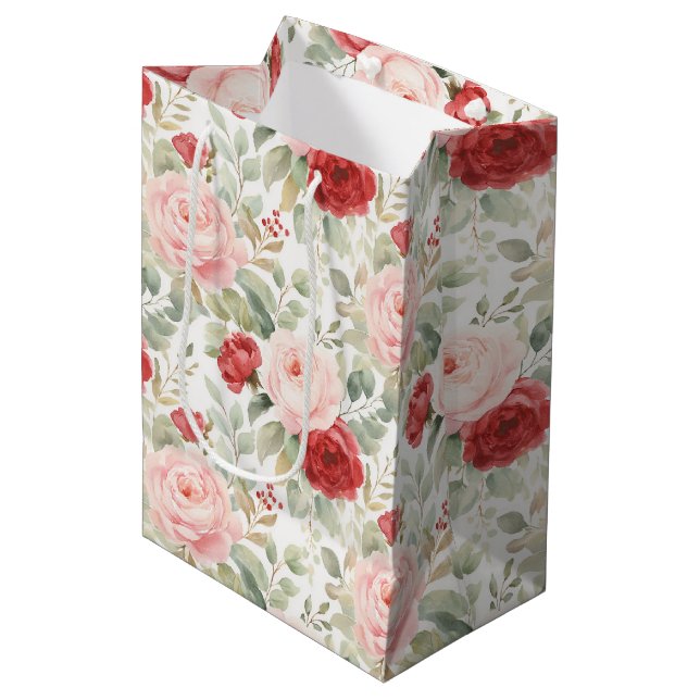 Sac Cadeau Moyen Pink Red Roses Floral Bridal Shower (Devant Angle)
