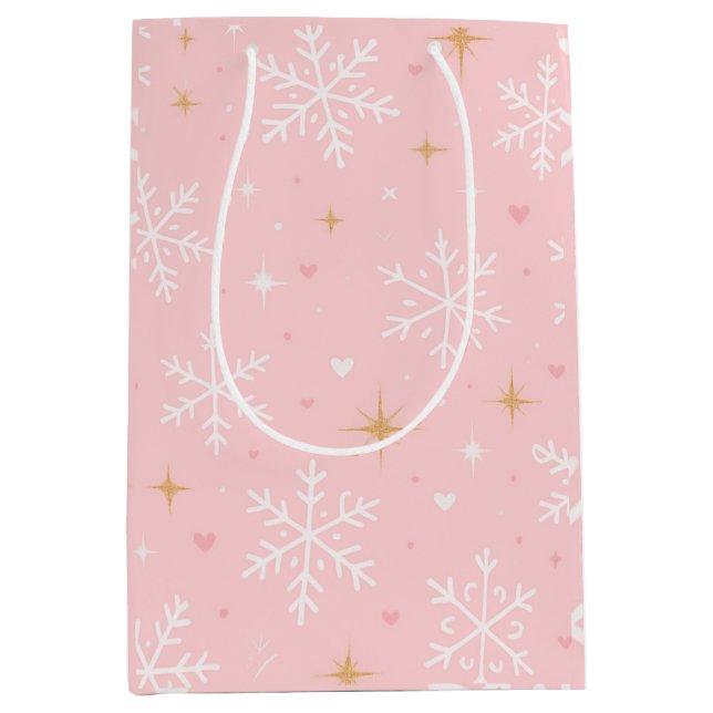 Sac Cadeau Moyen Pink Snowflake & Gold Sparkle Christmas Gift Bag  (Devant)