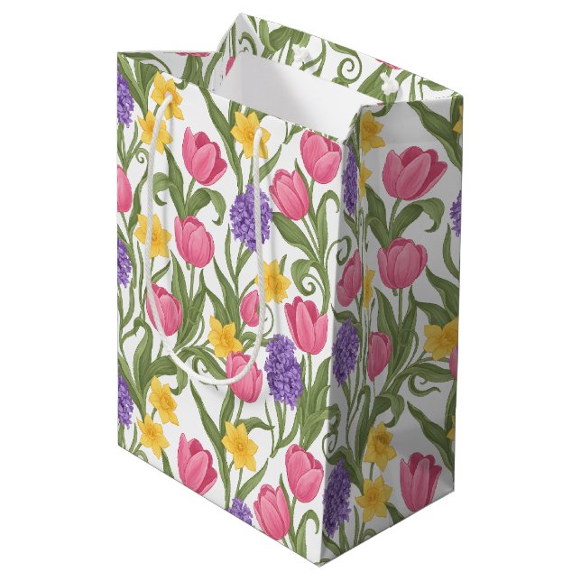 Sac Cadeau Moyen Pink Tulips, Yellow Daffodils, Purple Hyacinths (Dos Angle)