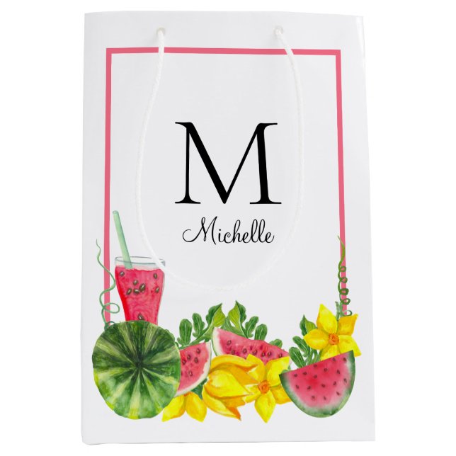 Sac Cadeau Moyen Pink Watermelon Nom du monogramme (Devant)