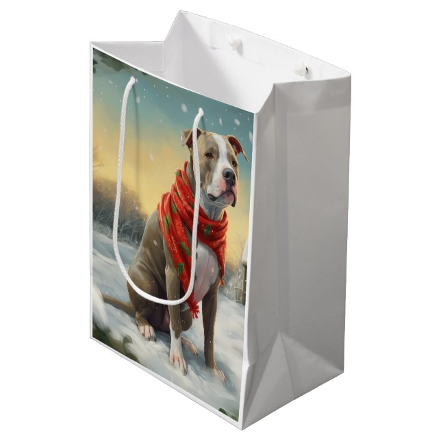 Sac Cadeau Moyen Pitbull Chien dans Noël de neige (Devant Angle)