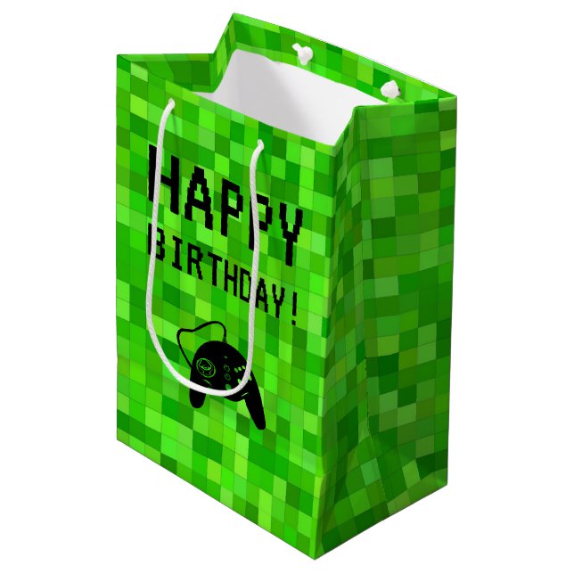 Sac Cadeau Moyen Pixels de jeu vert | Fête d'anniversaire personnal (Devant Angle)