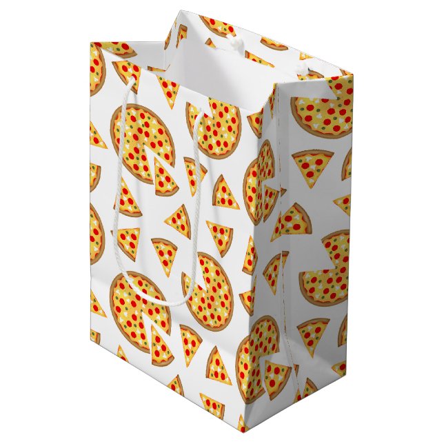 Sac Cadeau Moyen Pizza et tranches de cool motif sur blanc (Devant Angle)