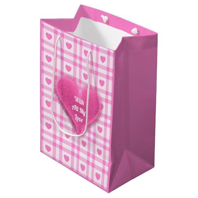 Sac Cadeau Moyen Plaid Modern Pink Heart Collection (Devant Angle)