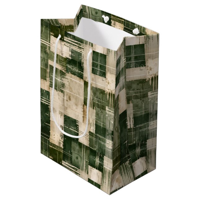 Sac Cadeau Moyen Plaid vert et beige Grunge (Devant Angle)