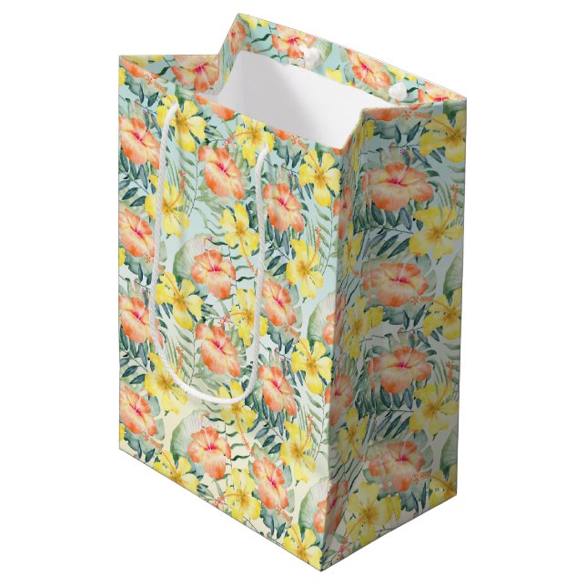 Sac Cadeau Moyen Plaie Tropicale Yellow Hibiscus Fleurs Mint Ombre (Devant Angle)