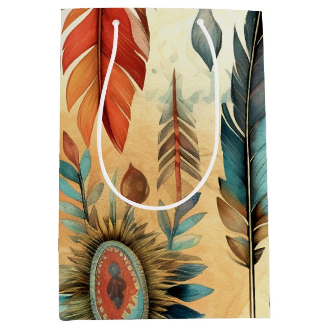 Sac Cadeau Moyen Plumes bleues de la tribu Aztec Boho (Devant)