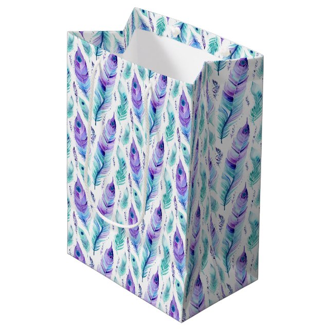 Sac Cadeau Moyen Plumes de paon violet turquoise (Devant Angle)