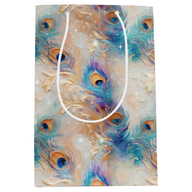 Sac Cadeau Moyen Plumes Peacock Or Aqua Blanc (Devant)