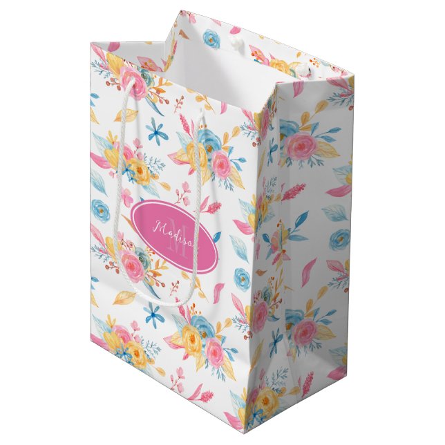 Sac Cadeau Moyen Plutôt rose Motif Floral Monogramme (Devant Angle)