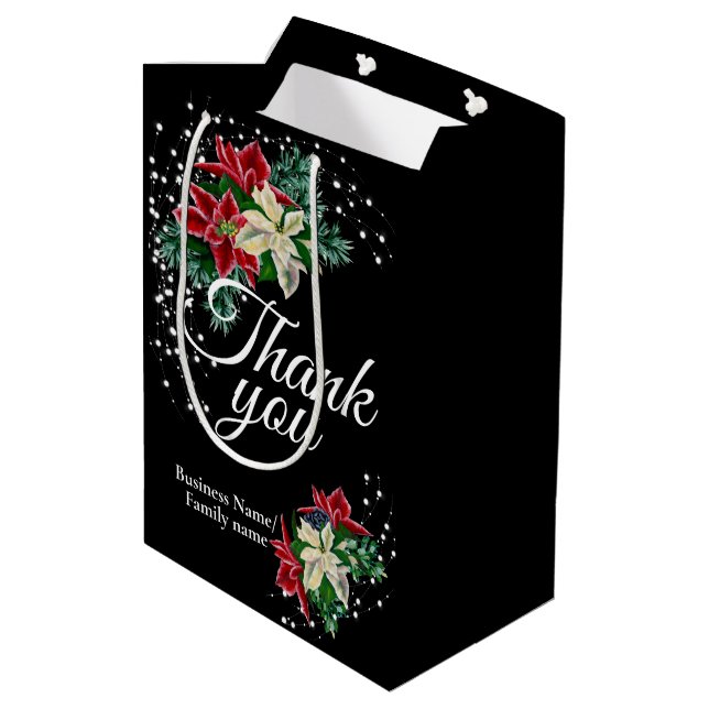 Sac Cadeau Moyen Poinsettia Floral Noir de Remerciement (Dos Angle)
