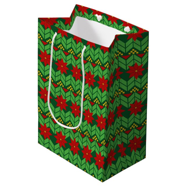 Sac Cadeau Moyen Poinsettia Flowers Red Gold and Green Holiday (Devant Angle)
