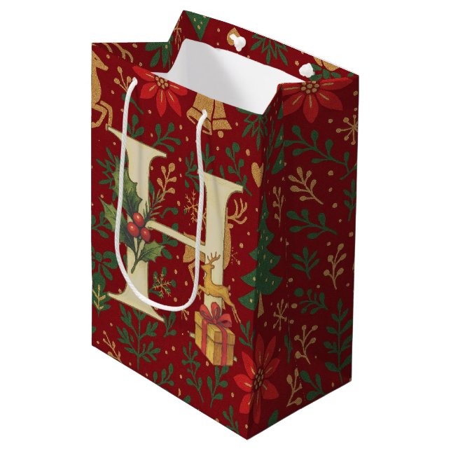 Sac Cadeau Moyen Poinsettia, Initial H Letter White Medium Gift Med (Devant Angle)