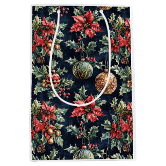 Sac Cadeau Moyen Poinsettias et ornements