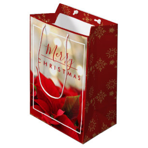 Sac Cadeau Moyen Poinsettias rouges avec Golden Bokeh Noël
