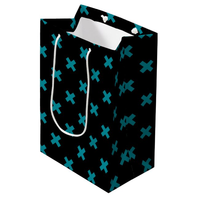 Sac Cadeau Moyen points de croix turquoises sur noir (Devant Angle)