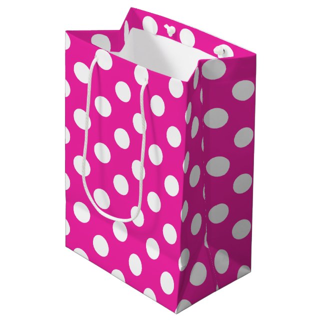 Sac Cadeau Moyen Pois blancs sur fuchsia (Devant Angle)