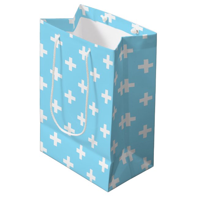 Sac Cadeau Moyen Polka blanche croise sur bleu bébé (Devant Angle)