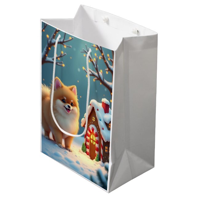 Sac Cadeau Moyen Pomeranian in Gingerbread Village Christmas (Devant Angle)