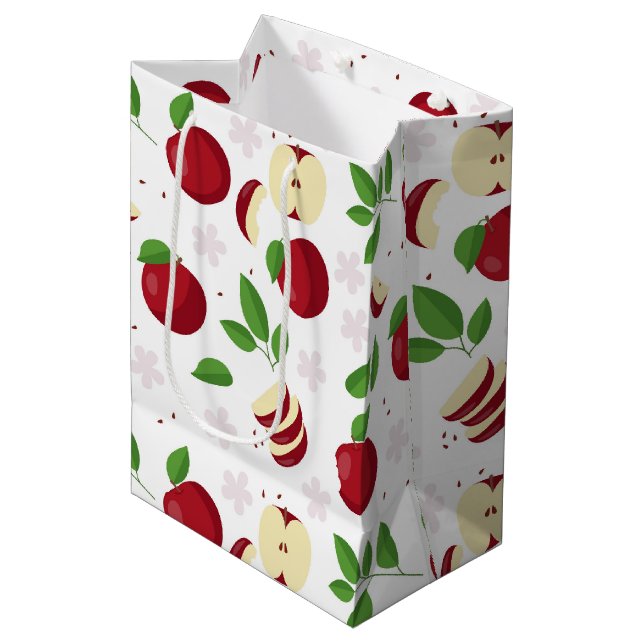 Sac Cadeau Moyen Pommes rouges, fleurs et Motif de verdure (Devant Angle)