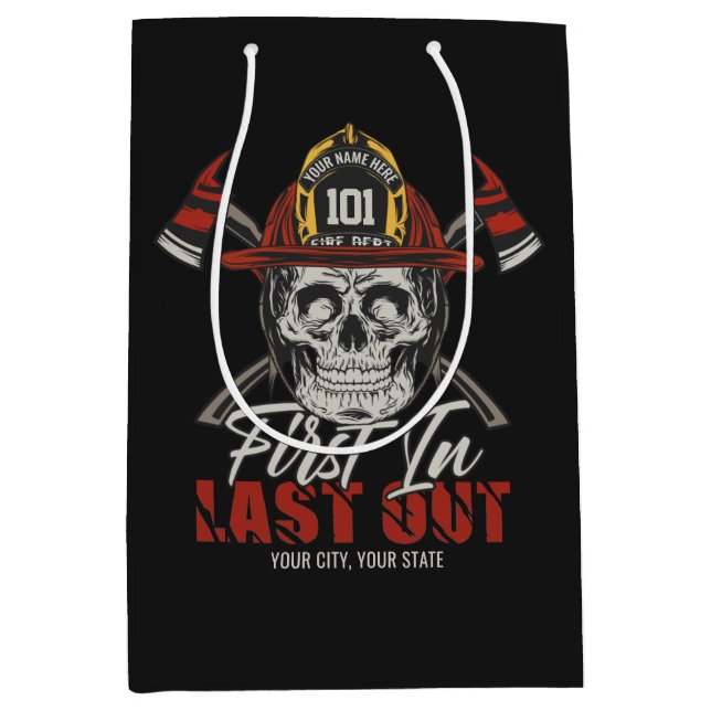 Sac Cadeau Moyen Pompier personnalisé NOM Premier entré, dernier so (Devant)