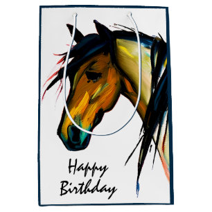 Sac Cadeau Moyen Poney Sauvage Cheval Aquarelle Joyeux Anniversai
