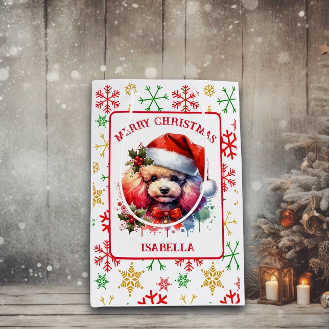 Sac Cadeau Moyen Poodé d'aquarelle doux à Santa Hat (Créateur téléchargé)