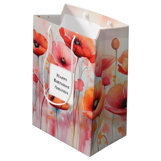 Sac Cadeau Moyen Poppies d'aquarelle rouge dans un champ Anniversai (Dos Angle)
