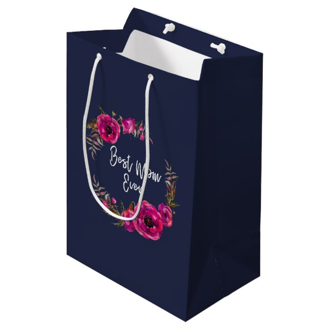 Sac Cadeau Moyen Poppies florales rose Fuchsia Wreath Meilleure mam (Devant Angle)