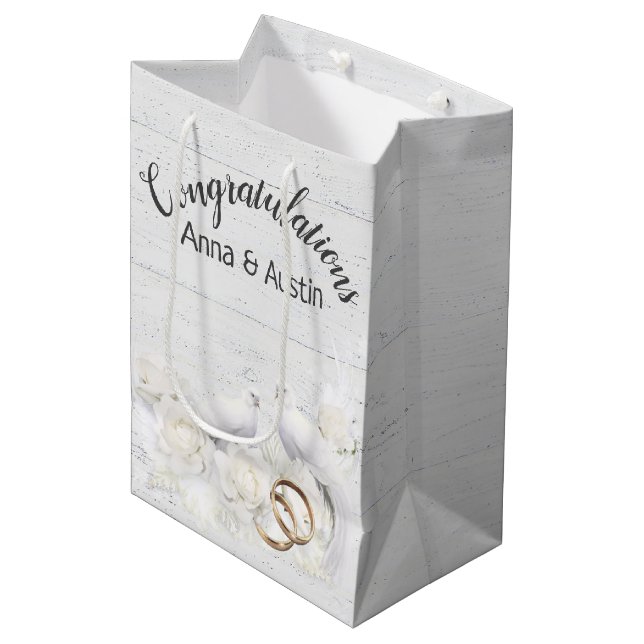Sac Cadeau Moyen Portes et anneaux mariages sur bois blanc (Devant Angle)