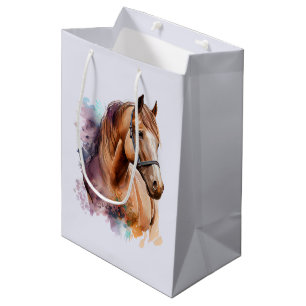 Sac Cadeau Moyen Portrait de tête de cheval brun à l'aquarelle
