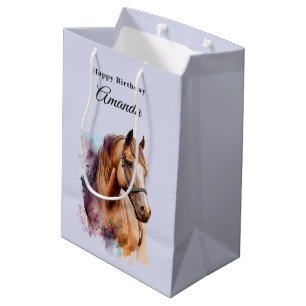Sac Cadeau Moyen Portrait de tête de cheval brun en aquarelle pour 