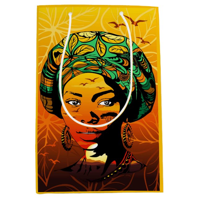 Sac Cadeau Moyen Portrait féminin africain avec coucher de soleil (Devant)