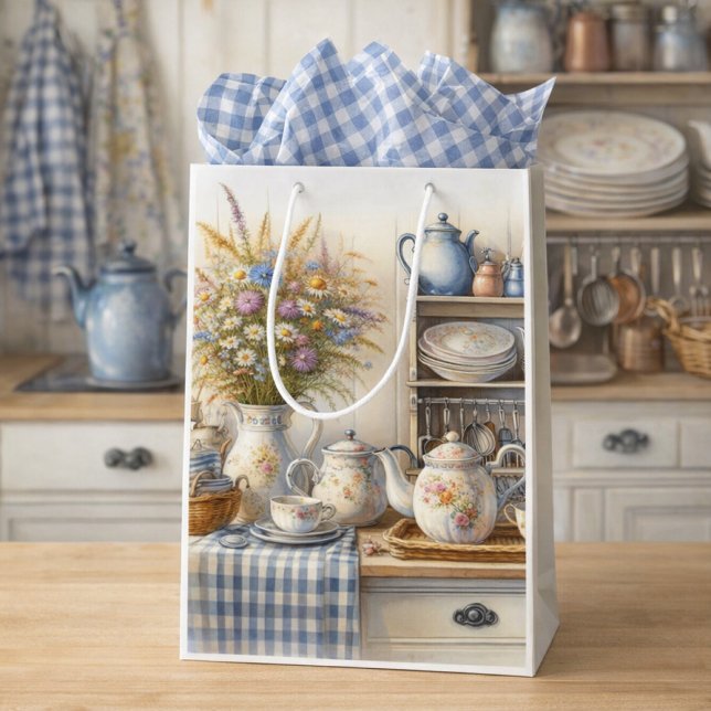 Sac Cadeau Moyen Pot à café de ferme et fleurs sauvages  (Créateur téléchargé)