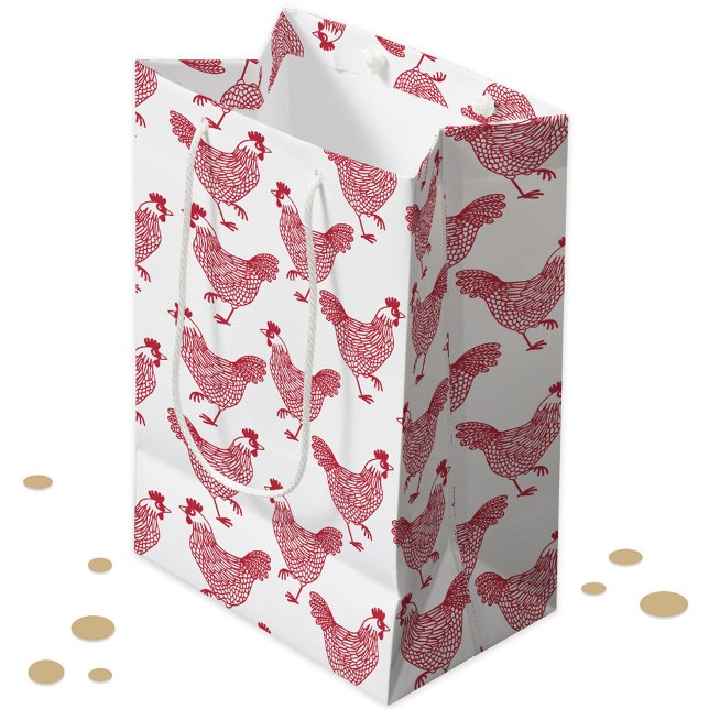 Sac Cadeau Moyen Poulets rouges Hen (Chicken hen poultry red and white gift bag)